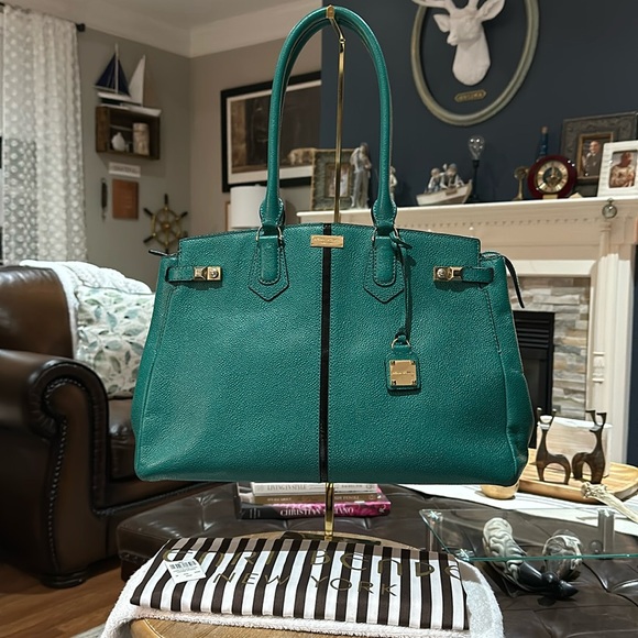 Authentic Henri Bendel Teal Caviar Leather Carlyle Tote w/Black Accent Stripe - Picture 1 of 17